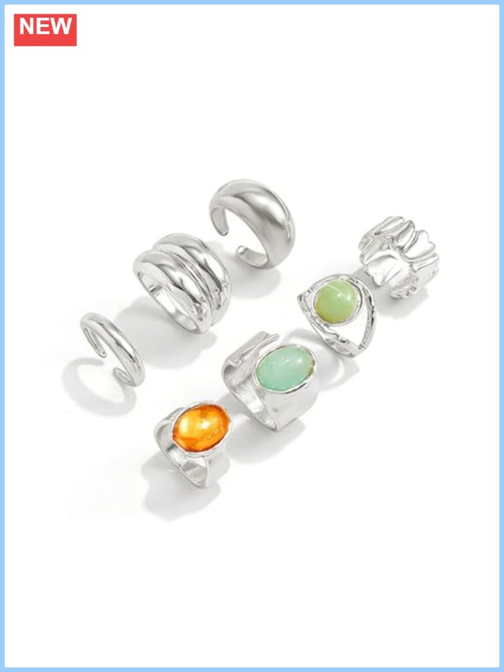 Chunky Silver Rings Set Adjustable Thick Statement Rings Irregular Gemstone